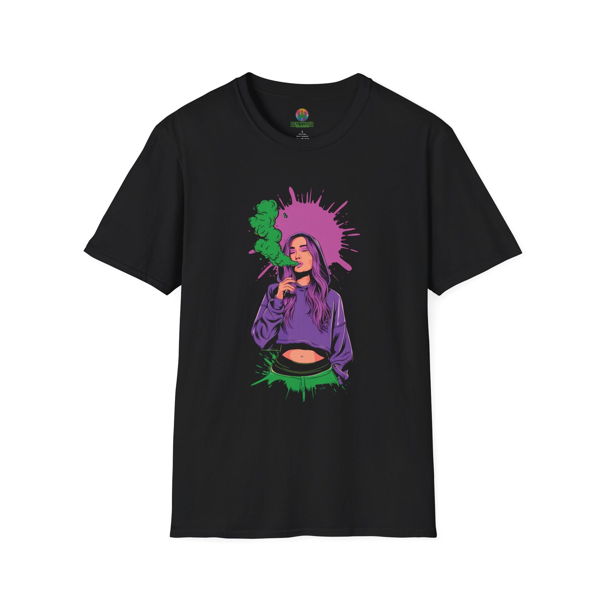 Neon Stoner Babe T-Shirt – Vibrant Weed Girl Graphic Tee with Pink & Green Smoke