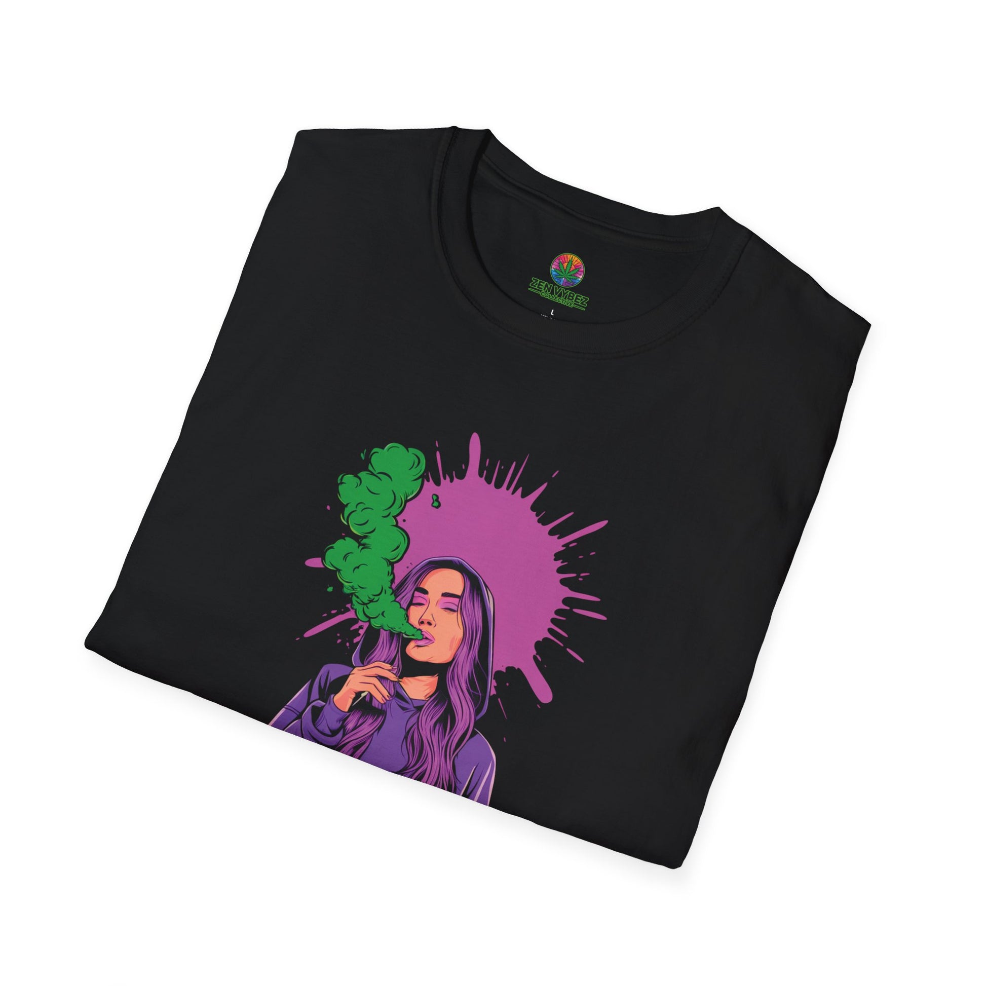 Neon Stoner Babe T-Shirt – Vibrant Weed Girl Graphic Tee with Pink & Green Smoke